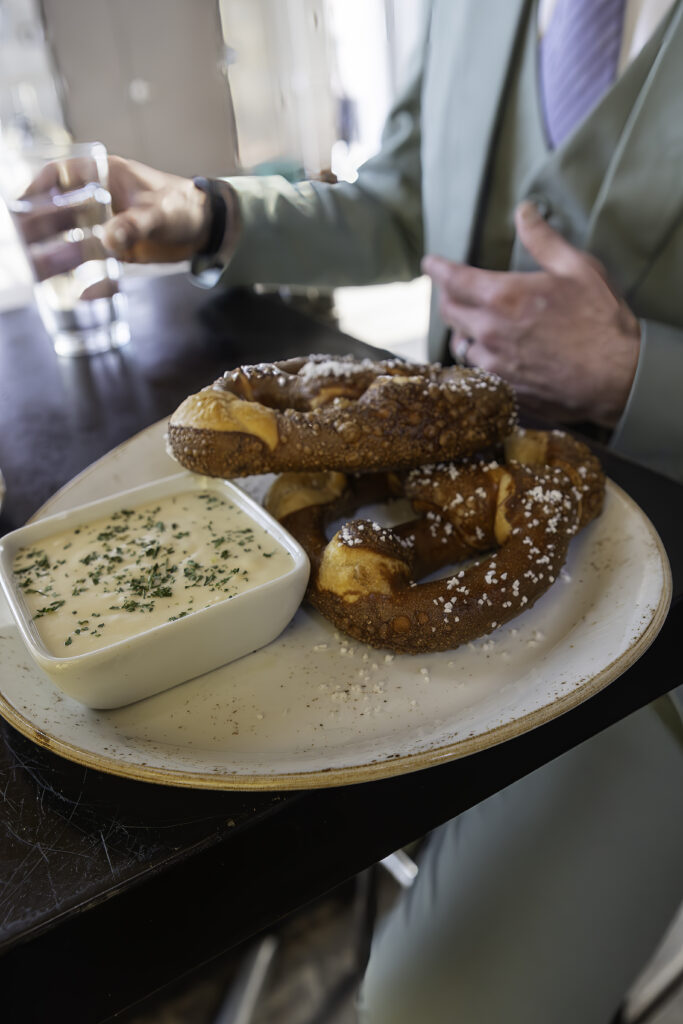 pretzels and cheese sauce from Pelican Brewery