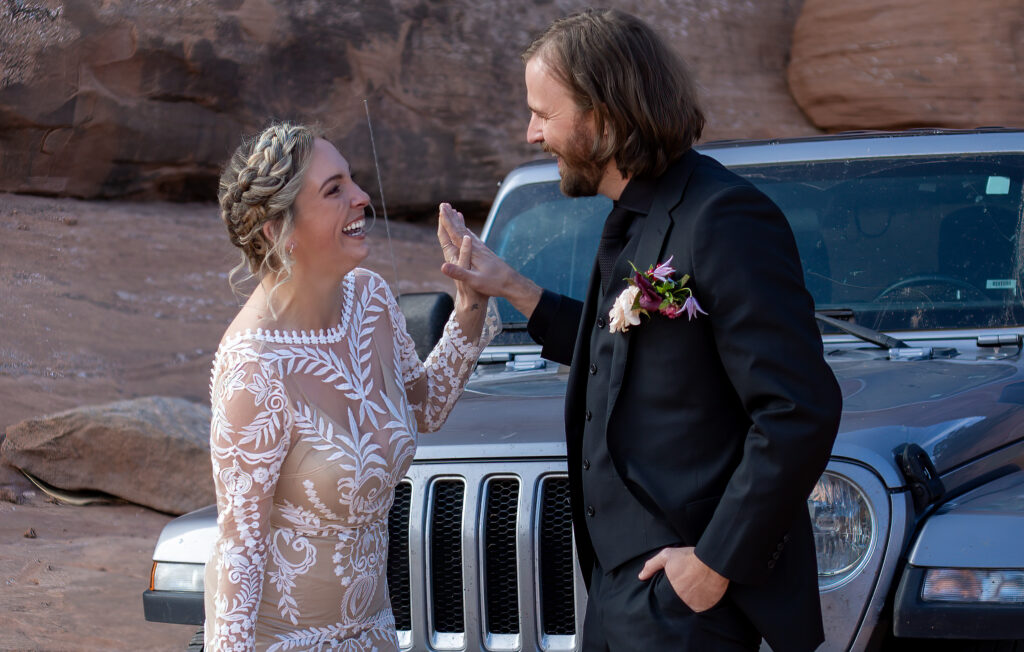 wedding couple enjoying a moment together during their first look during their elopement day