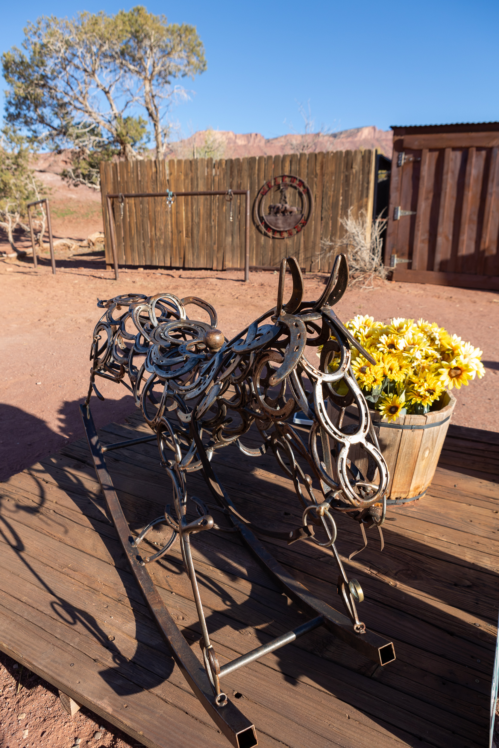 entrence with metal art of a horse