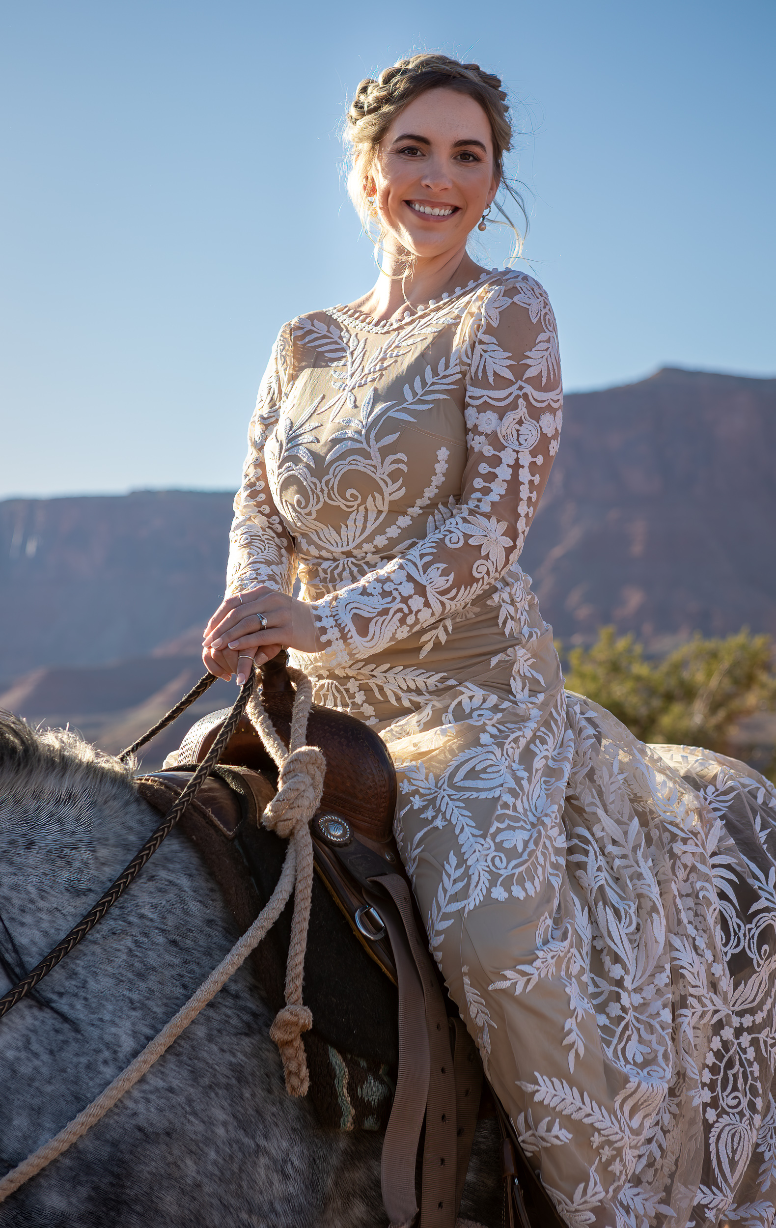bride on horse in wedding dress