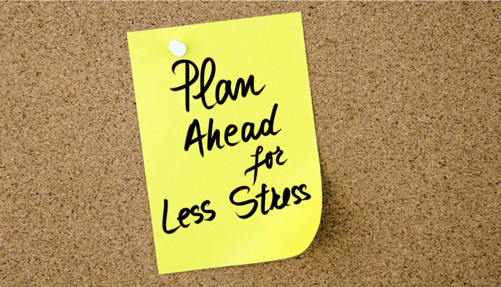 sticky note pinned to corkboard that says plan ahead for less stress while you are trying to legally get married in Moab