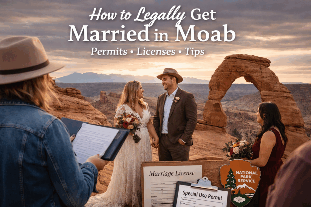 Planning a Moab elopement? Learn exactly how to legally get married in Moab, including marriage licenses, permits, fees, and timelines.