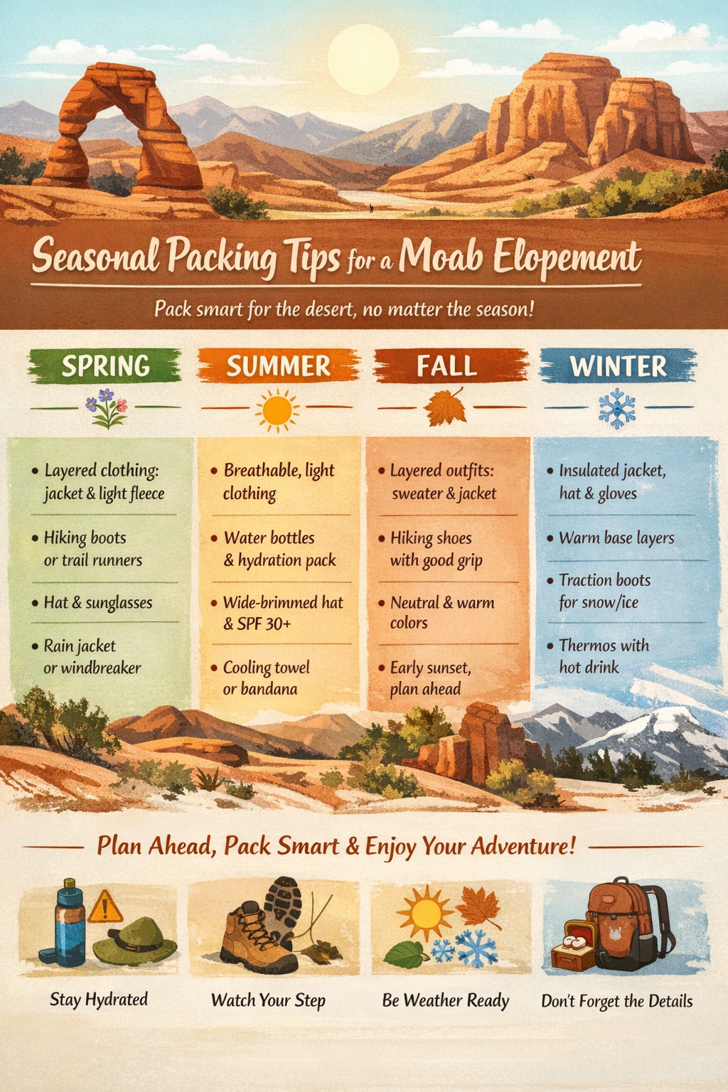 infographic on what to pack for moab per season
