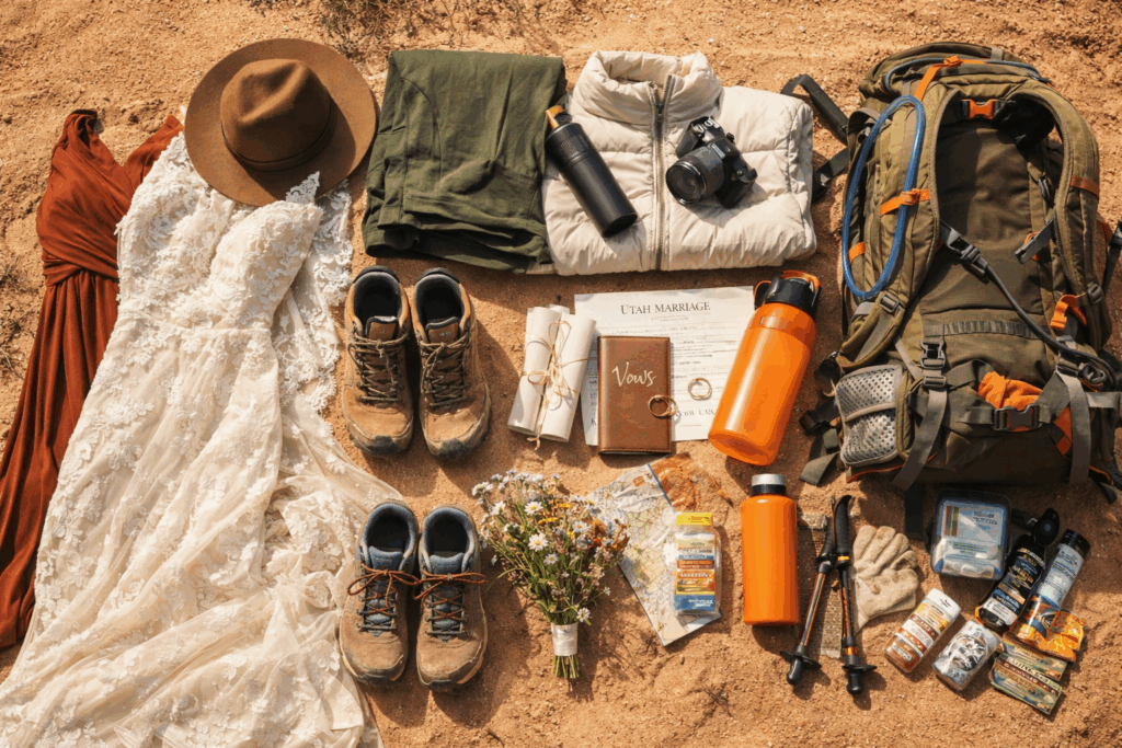picture of all the essentials needed for an all day hiking adventure elopement in moab