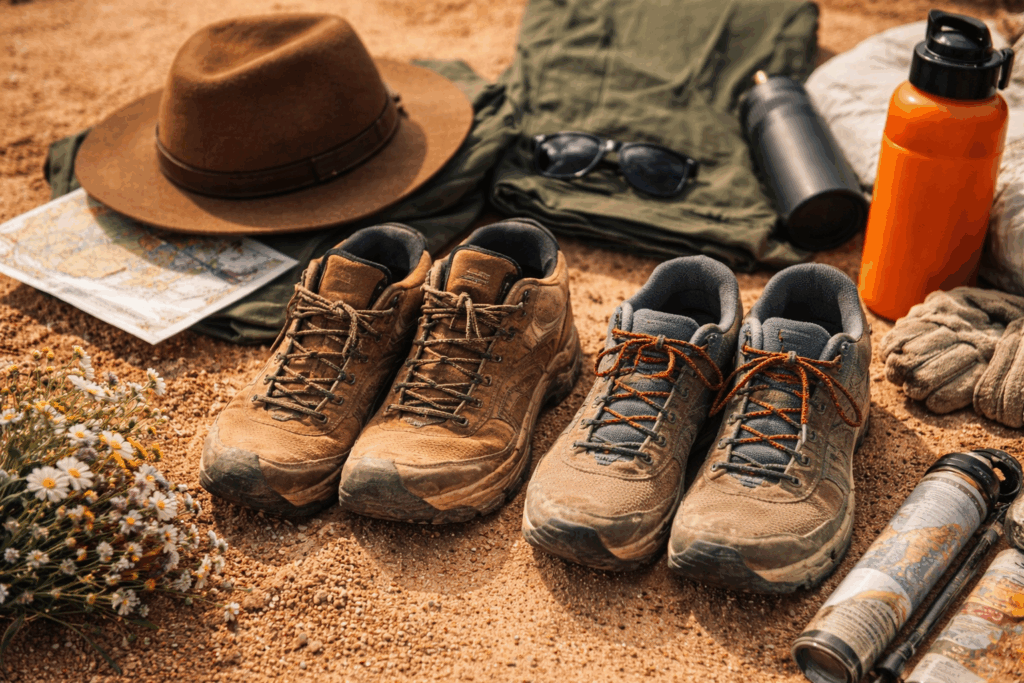 moab elopement packing items including boots, hat, sunglasses, and water
