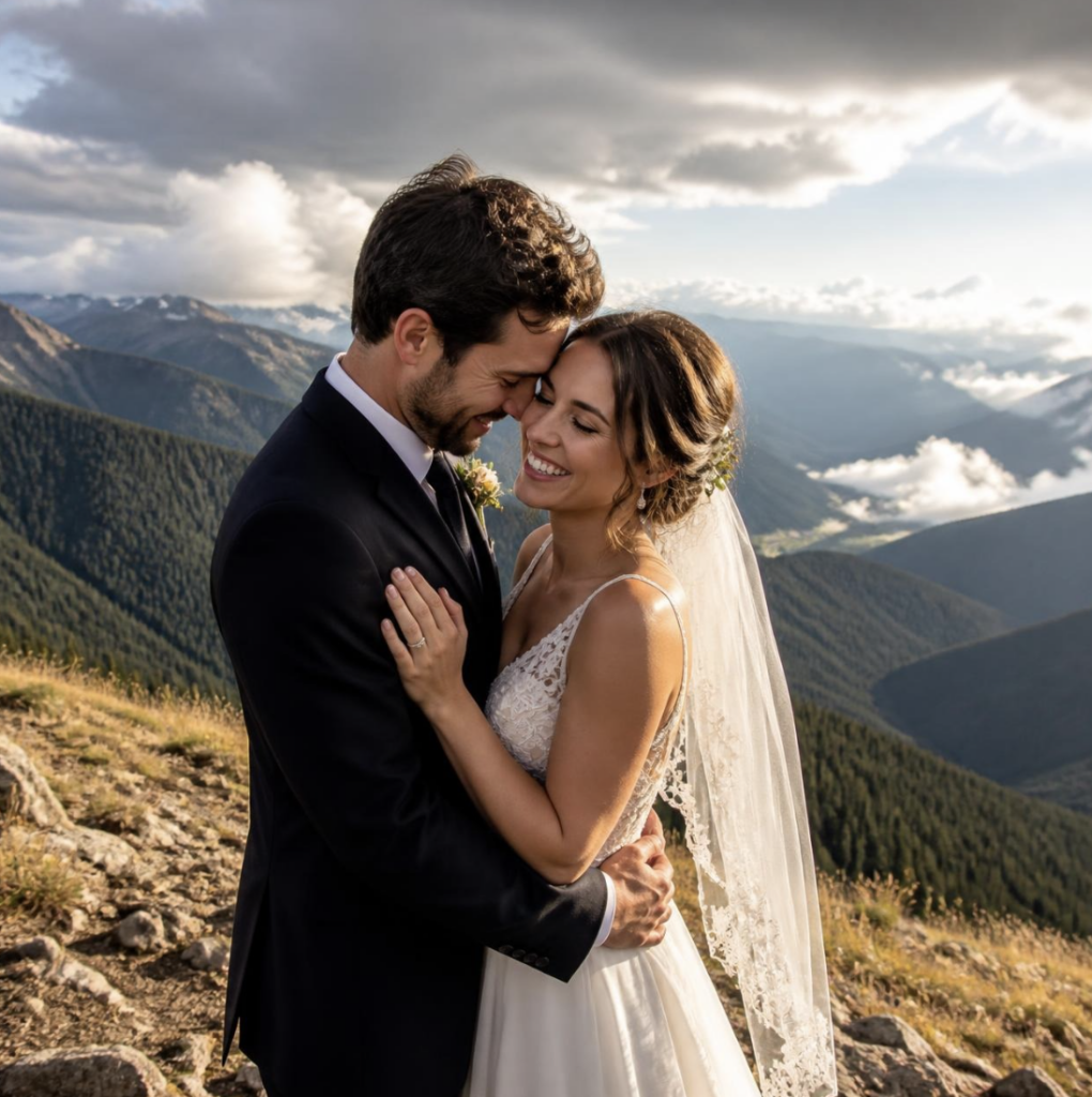 wedding couple embracing and laughing softly at hurricane ridge during their elopement